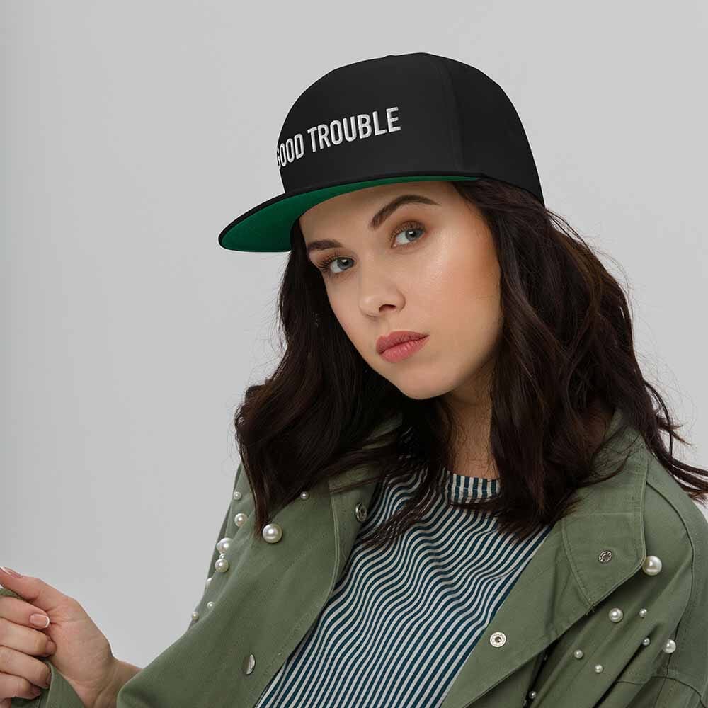 GOOD TROUBLE Flatbill 5-Panel Snapback Hat black on woman