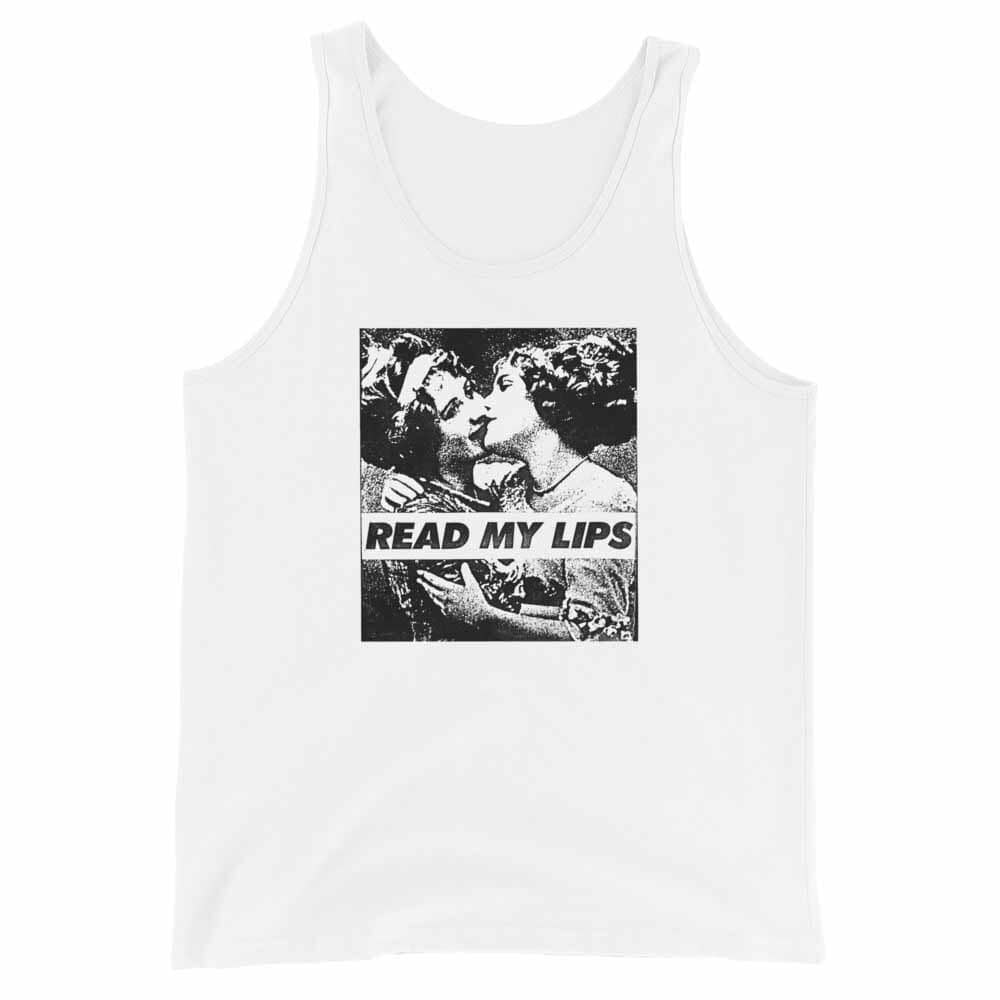 White tank top with graphic design and text 'Read My Lips' on a white background
