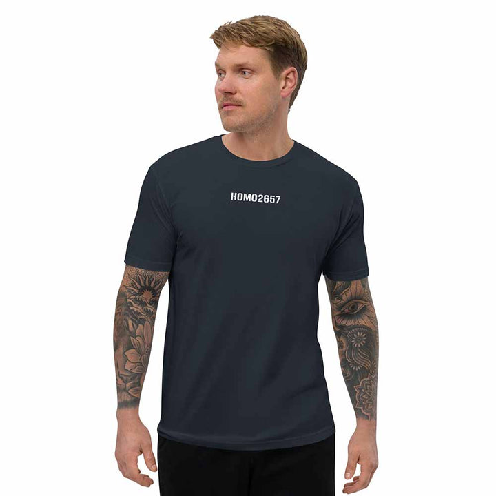 Man wearing a navy t-shirt with &