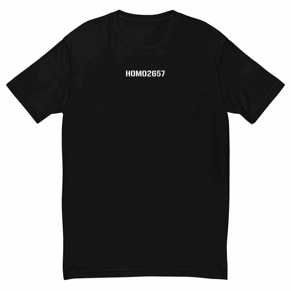 Black t-shirt with 'HOMO2657' text on a white background