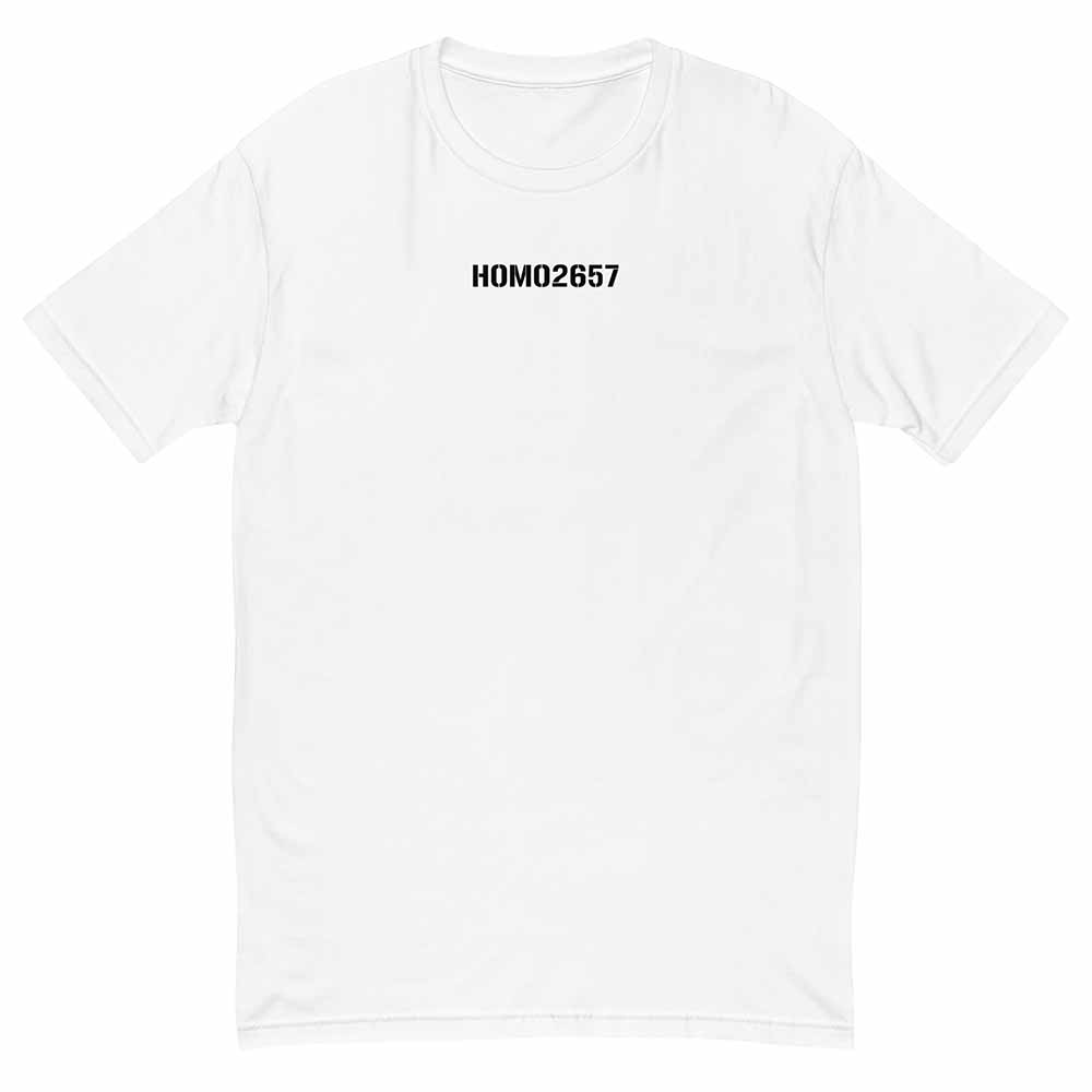White t-shirt with 'HOMO2657' text on a white background