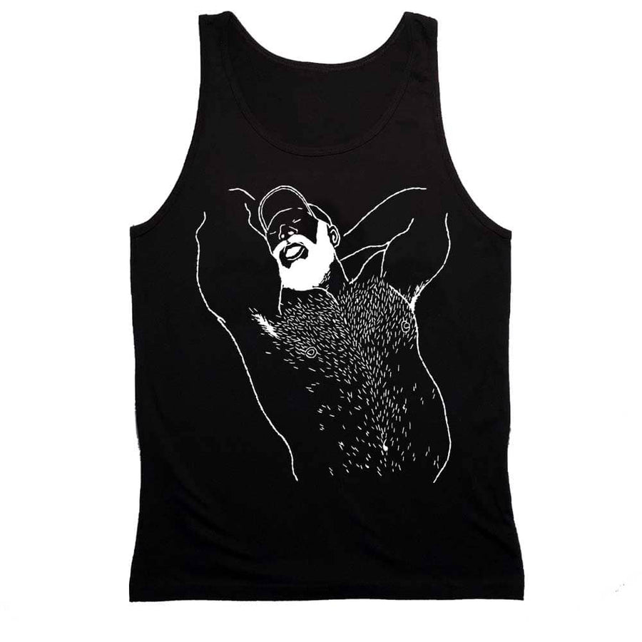 Kinky Needles Arms Up Bearded Bear White Print Tank by Kinky Needles