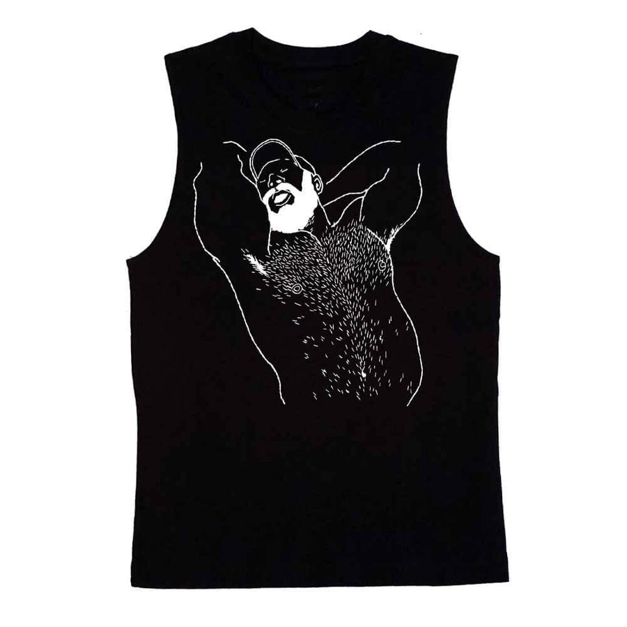 Kinky Needles Arms Up Bearded Bear White Print Sleeveless T-Shirt by Kinky Needles