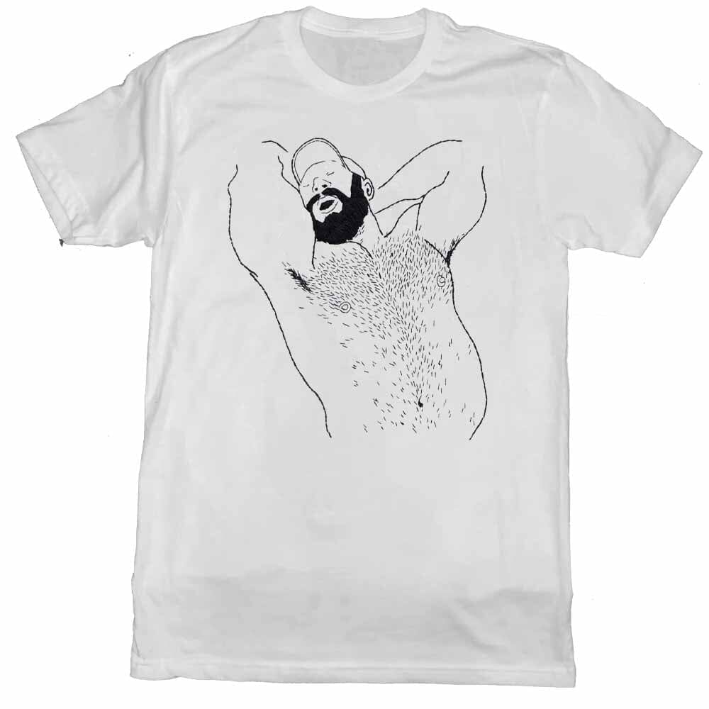 Kinky Needles Arms Up Bearded Bear Black Print White T-Shirt