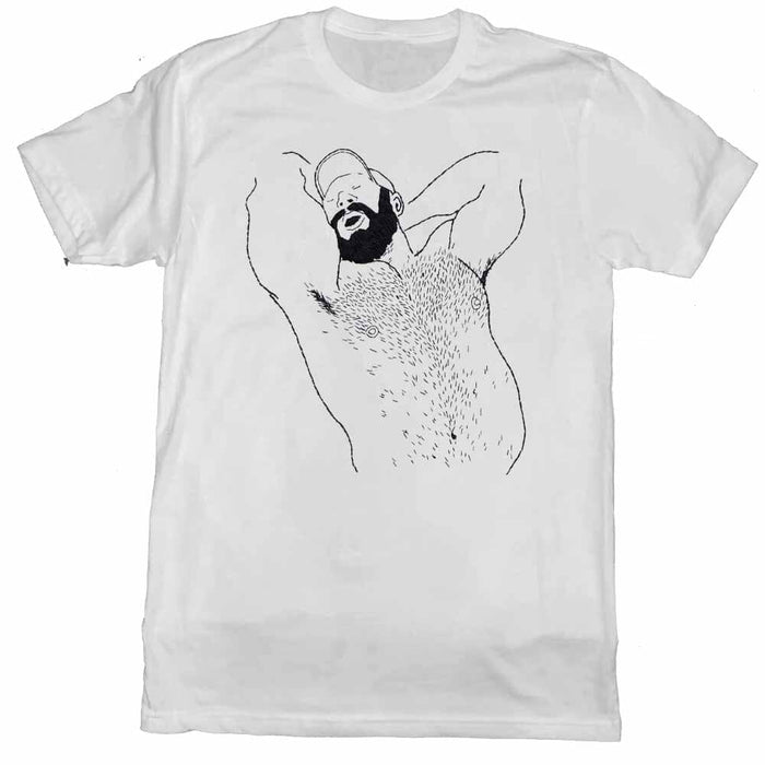 Kinky Needles Arms Up Bearded Bear Black Print White T-Shirt