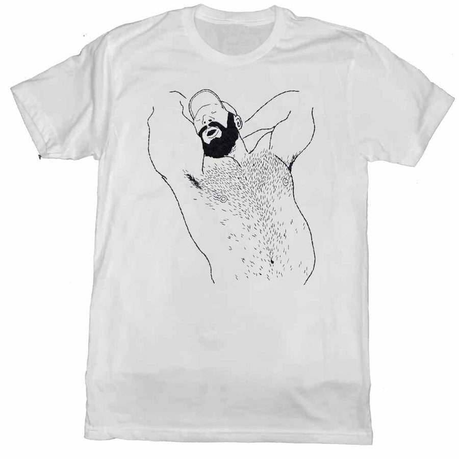 Kinky Needles Arms Up Bearded Bear Black Print White T-Shirt by Kinky Needles
