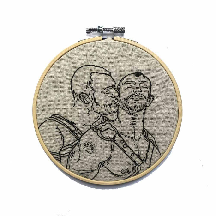Harnessed Men Ear Biting Original Embroidery by Kinky Needles