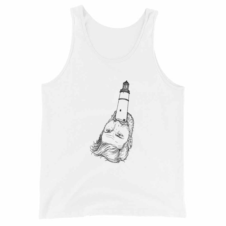 White tank top with a black and white graphic design of a lighthouse on a person&