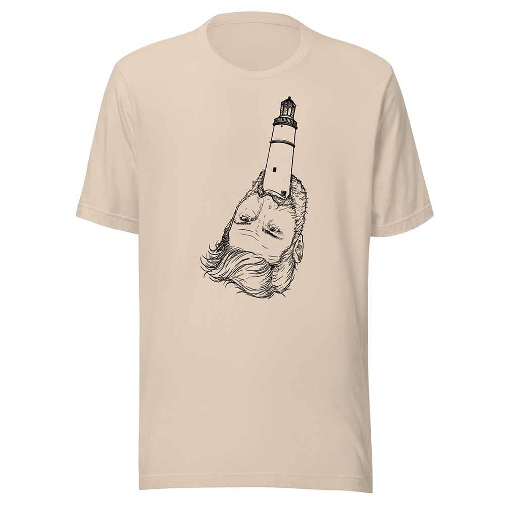 Beige t-shirt with a lighthouse design on a white background