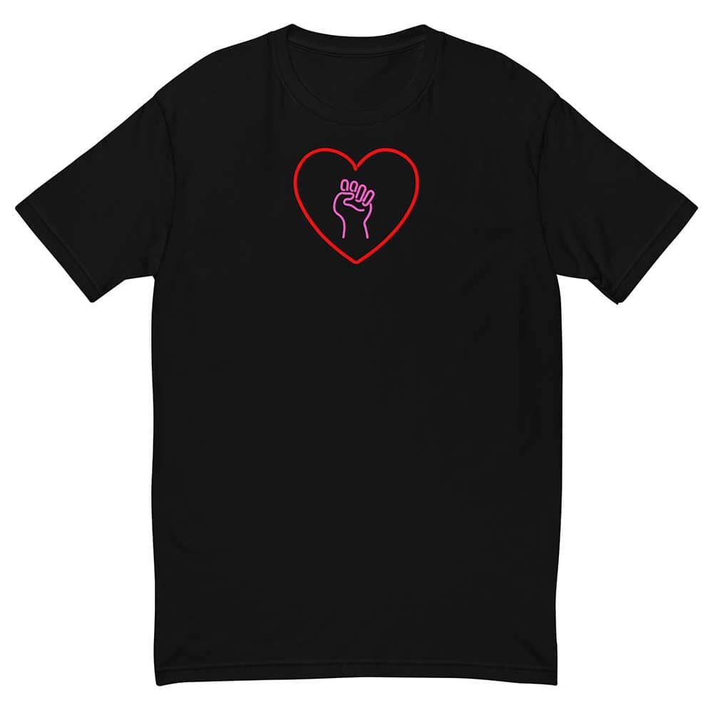 Black t-shirt with a red heart and pink solidarity fist outline design on a white background