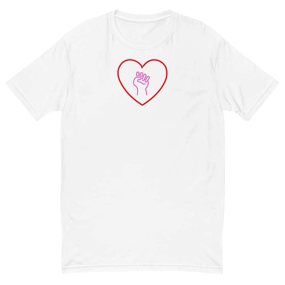 White t-shirt with a red heart and pink solidarity fist outline design on a white background