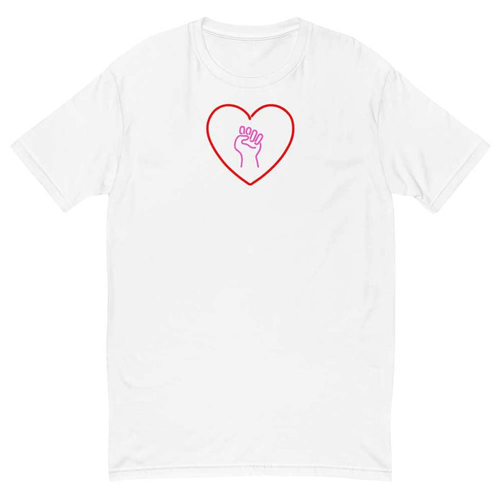 White t-shirt with a red heart and pink solidarity fist outline design on a white background
