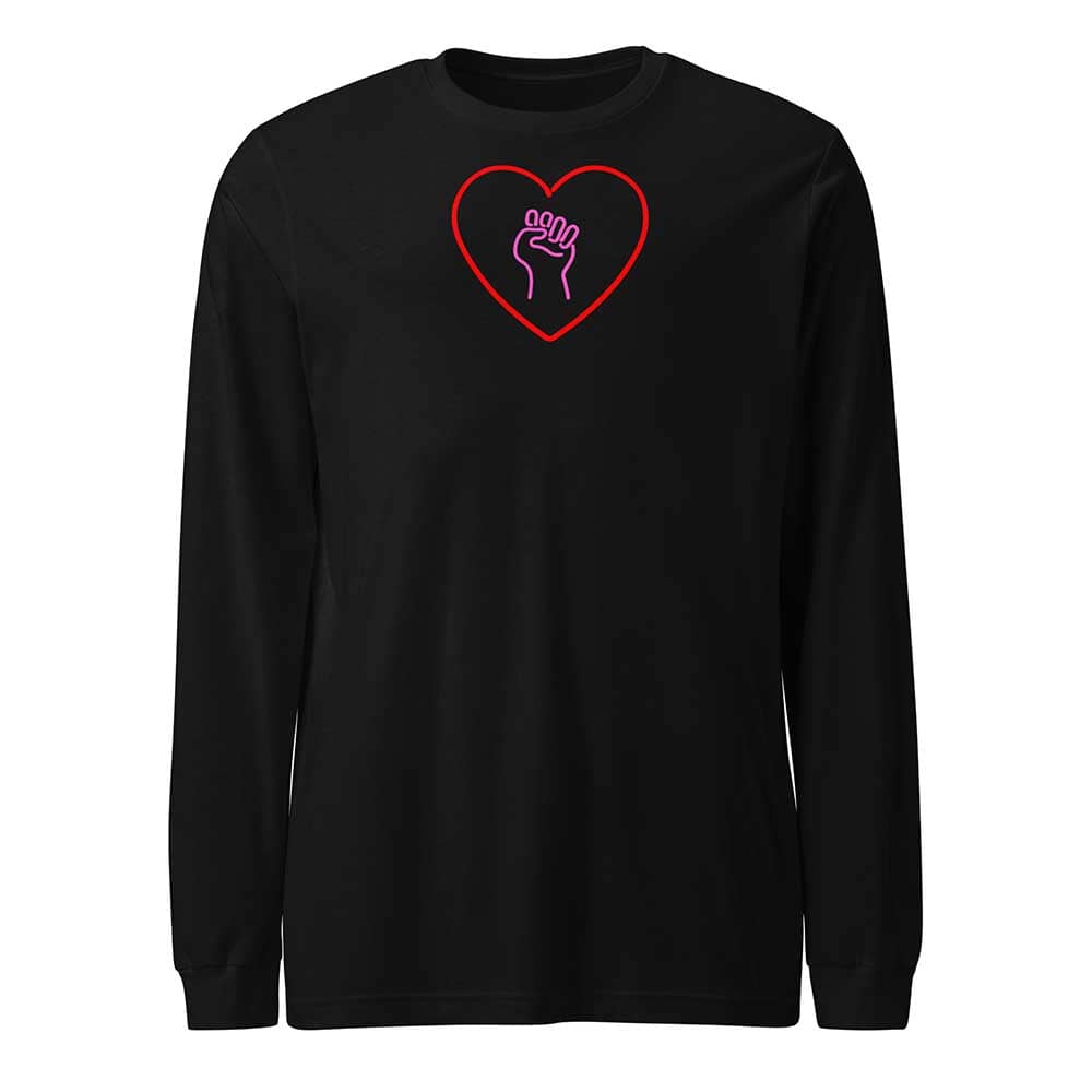 Black long-sleeve shirt with a red heart and pink solidarity fist on a white background