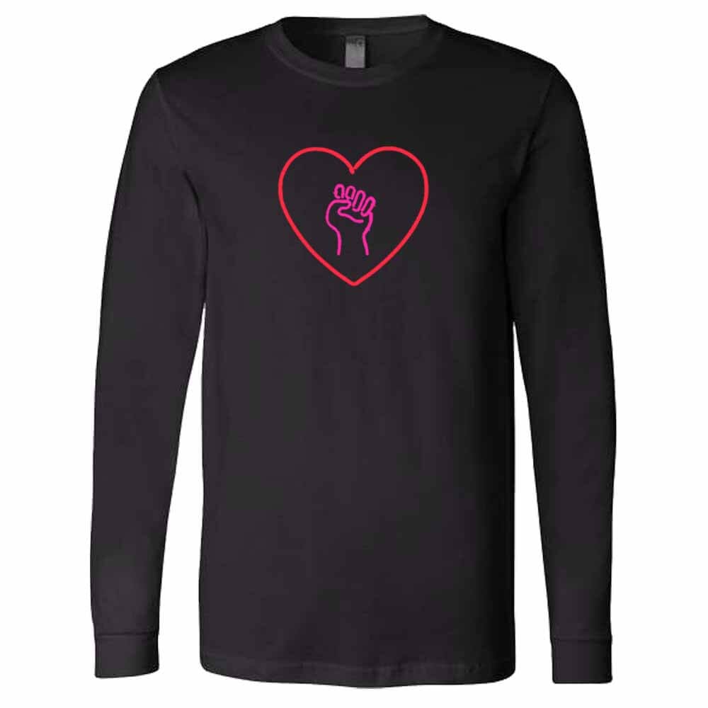 heart solidarity fist pink and red graphic on long sleeve black t-shirt
