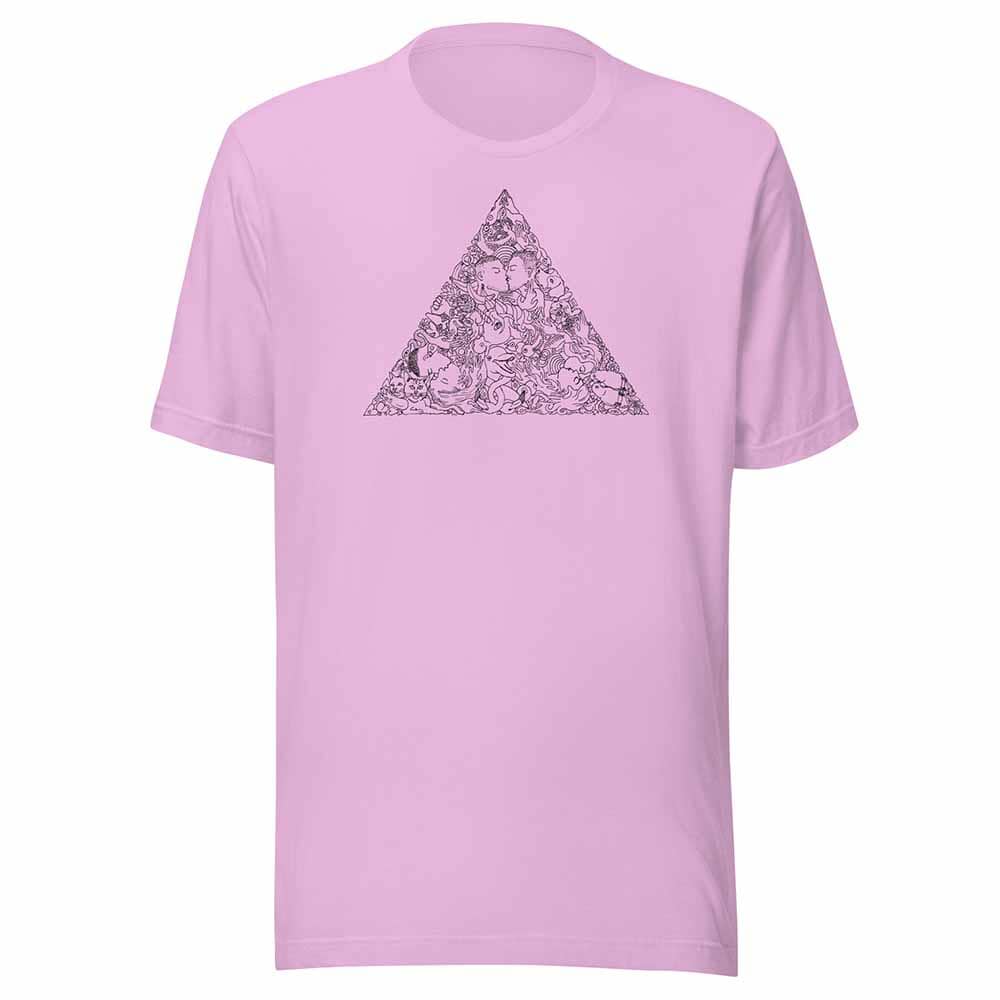 Pink t-shirt with a love triangle design on a white background
