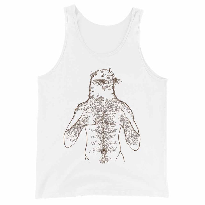 White tank top with a brown otter illustration on a white background