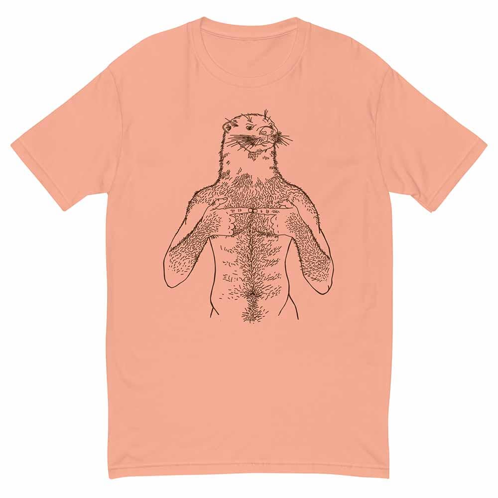 Peach t-shirt with a brown ink design of a ottery man on a white background
