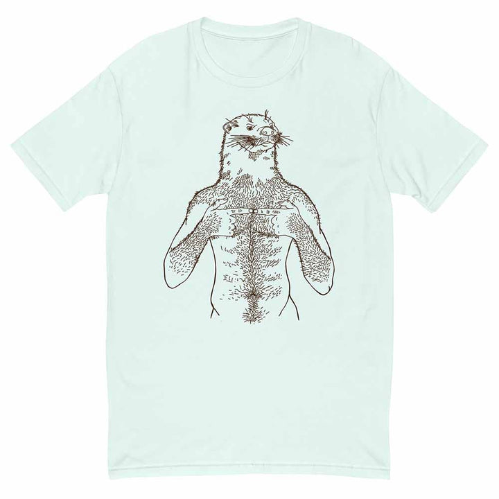 Light blue t-shirt with a otter man design on a white background