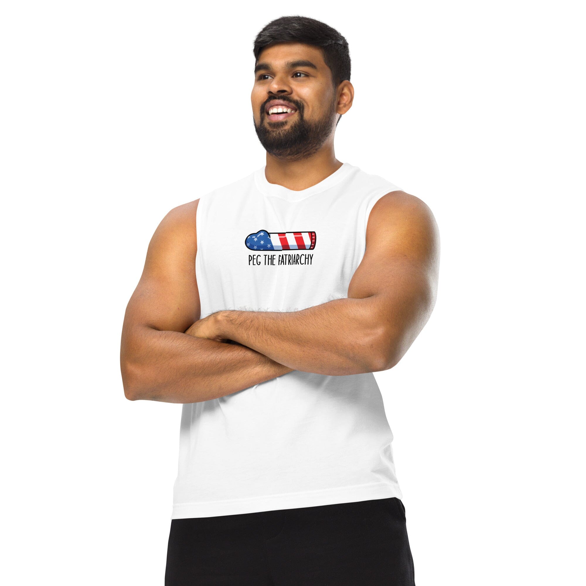 Peg the Patriarchy Sleeveless T-shirt white on man
