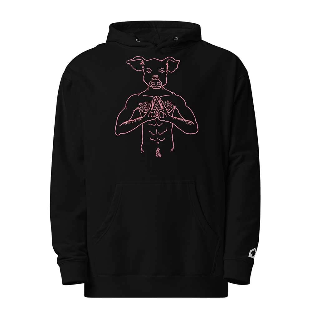 Black hoodie with a pink pig graphic on a white background