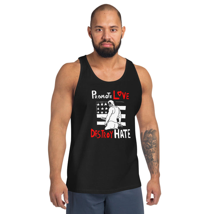 Man wearing a black tank top with a graphic design on a white background