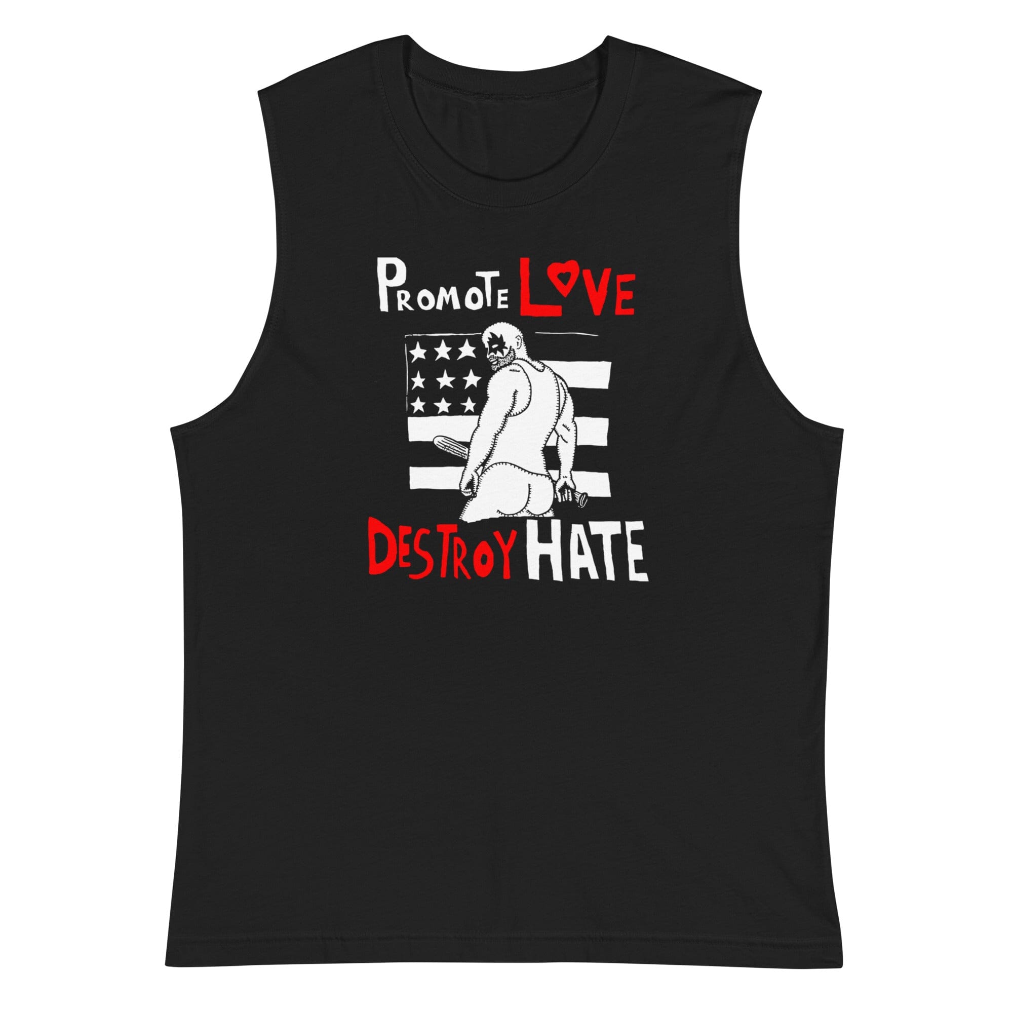 Black sleeveless shirt with graphic design and text on a white background