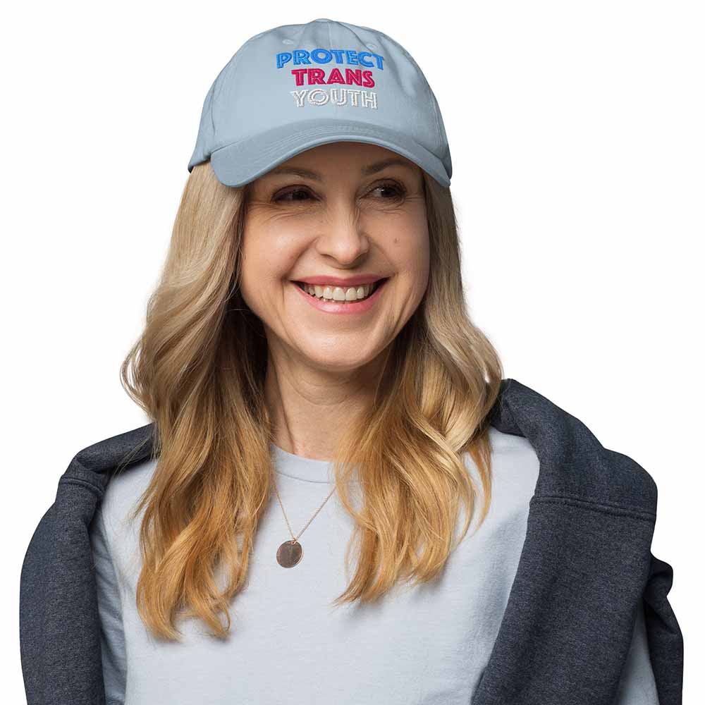 Protect Trans Youth Dad Hat light blue on woman