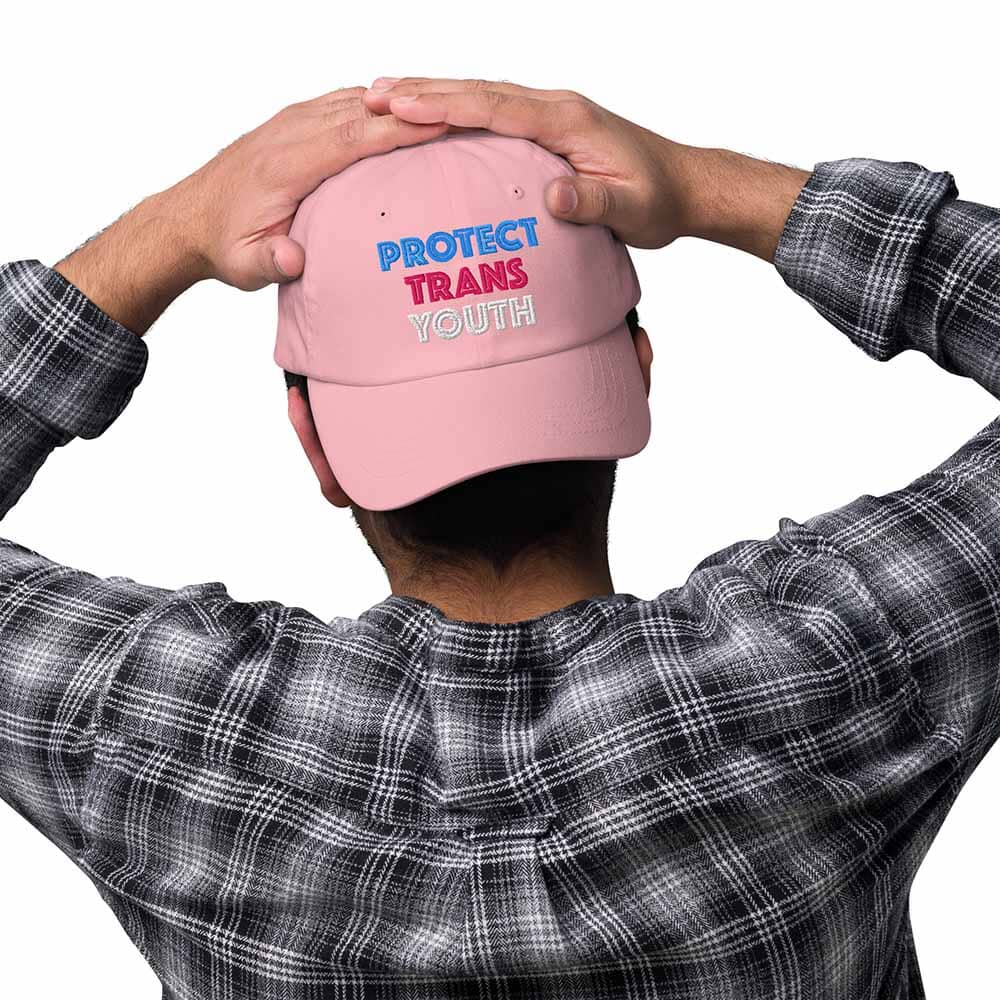 Protect Trans Youth Dad Hat pink backwards