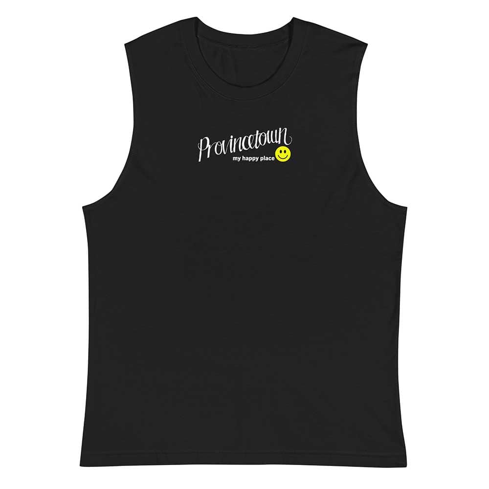 Black sleeveless shirt with 'Provincetown my happy place' text and smiley face on a white background