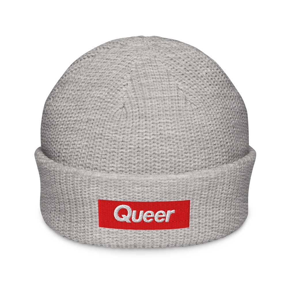 Gray beanie with a red 'Queer' logo on a white background