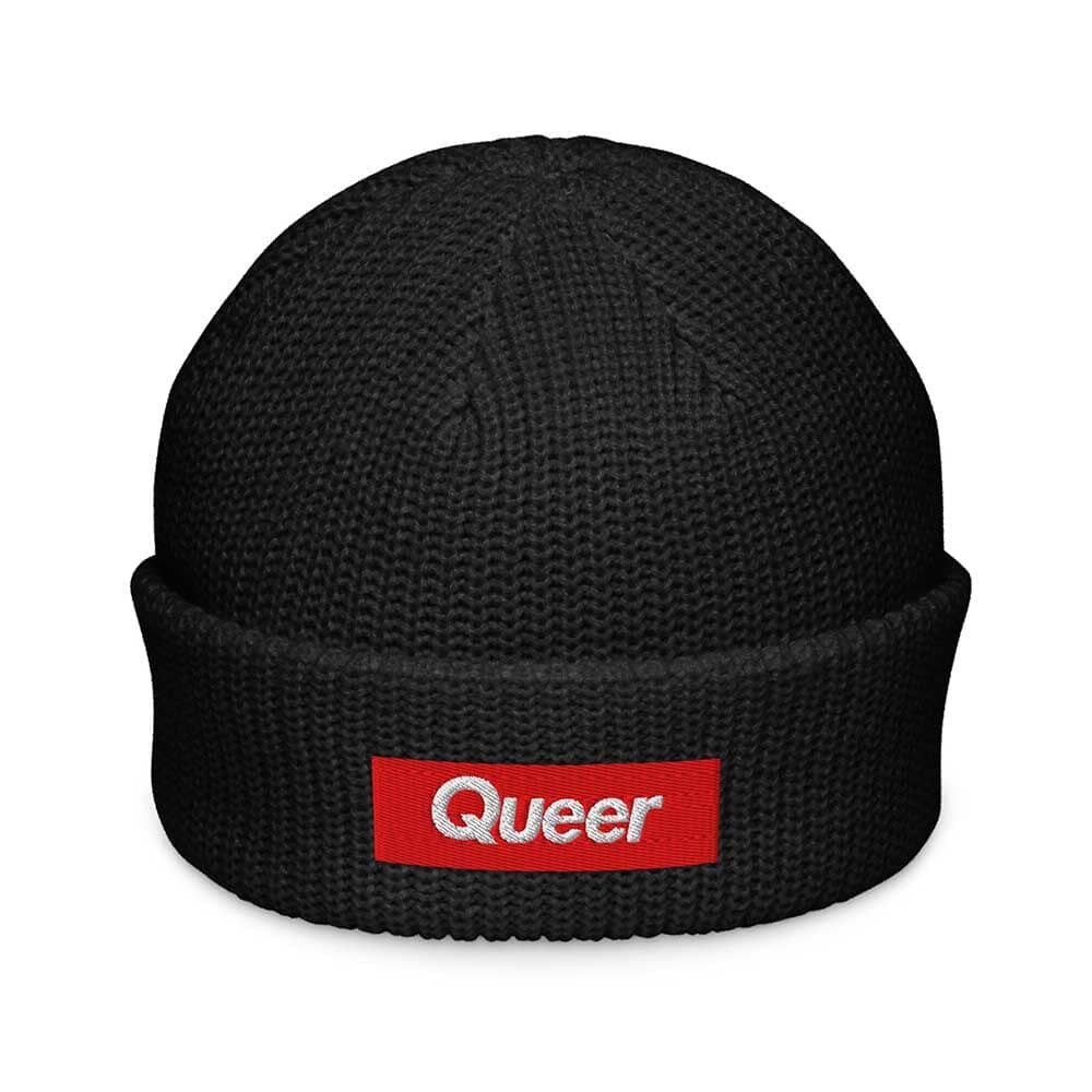 Black beanie with a red 'Queer' logo on a white background
