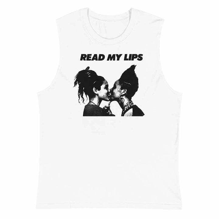 White tank top with gran fury graphic of two women kissing and &