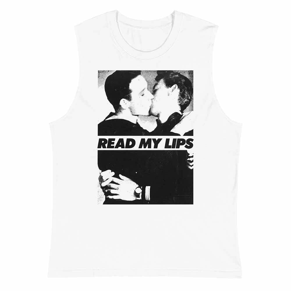 White tank top with graphic of two people kissing and 'Read My Lips' text on a white background