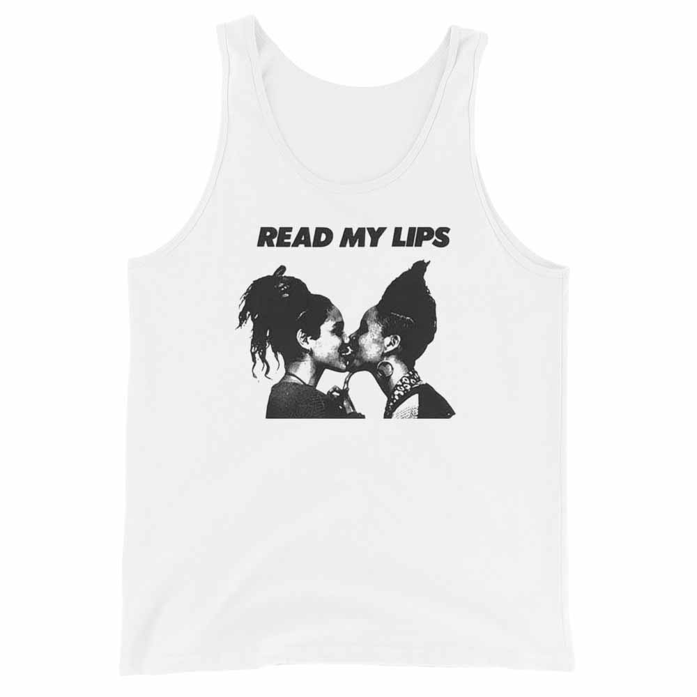 White tank top with a graphic of two women kissing and the text 'Read My Lips' by gran fury on a white background.