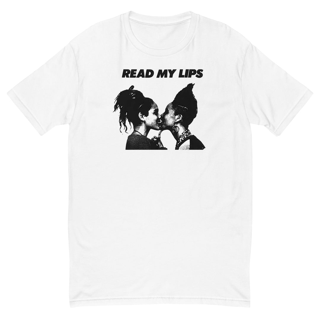White t-shirt with black gran fury graphic of two women kissing and 'Read My Lips' text on a white background