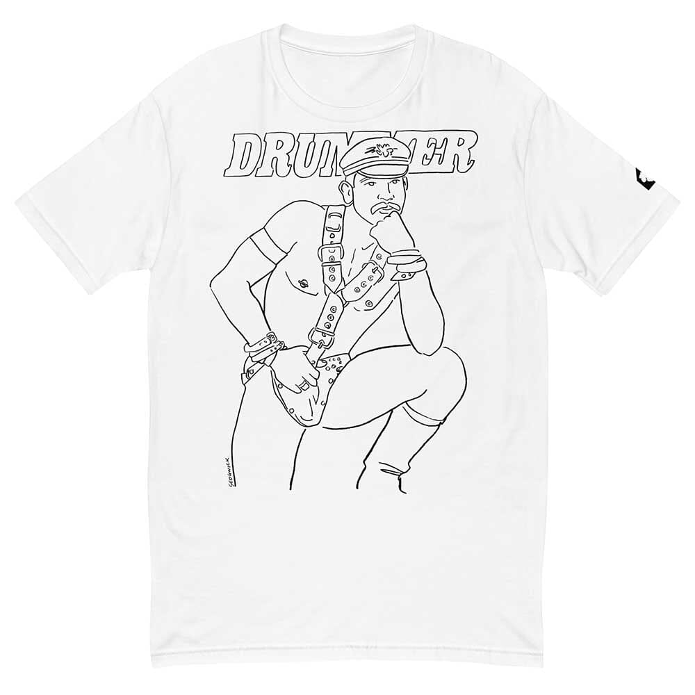 Line drawing of drummer magazine cover in black on a white t-shirt
