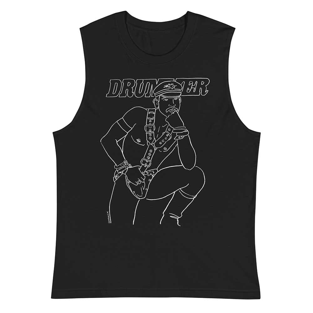 Line drawing of drummer magazine cover in white on a black sleeveless t-shirt