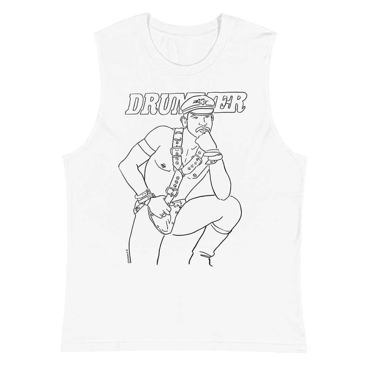 Line drawing of drummer magazine cover in black on a white sleeveless t-shirt