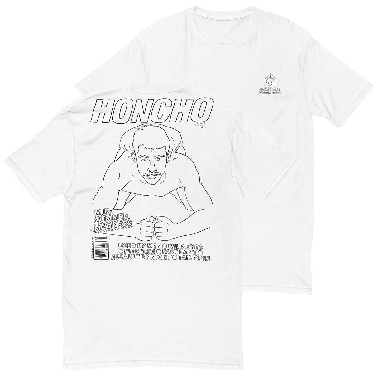 honcho man kneeling black drawing on white tee