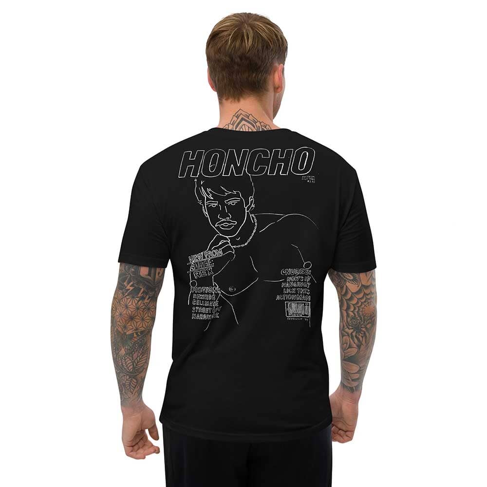 honcho white male drawing on black t-shirt on man