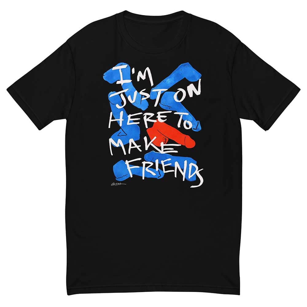 Black t-shirt with colorful text design on a white background