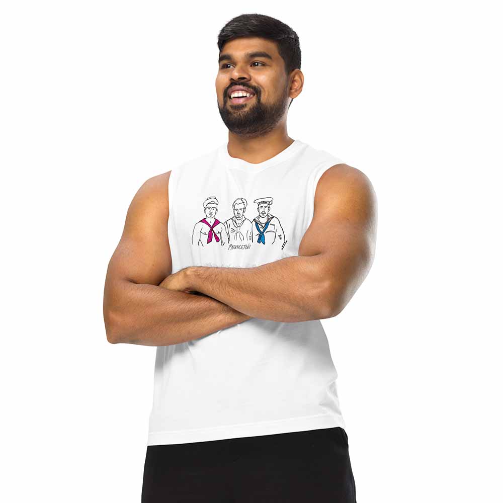 seamen provincetown graphic white muscle tee on man