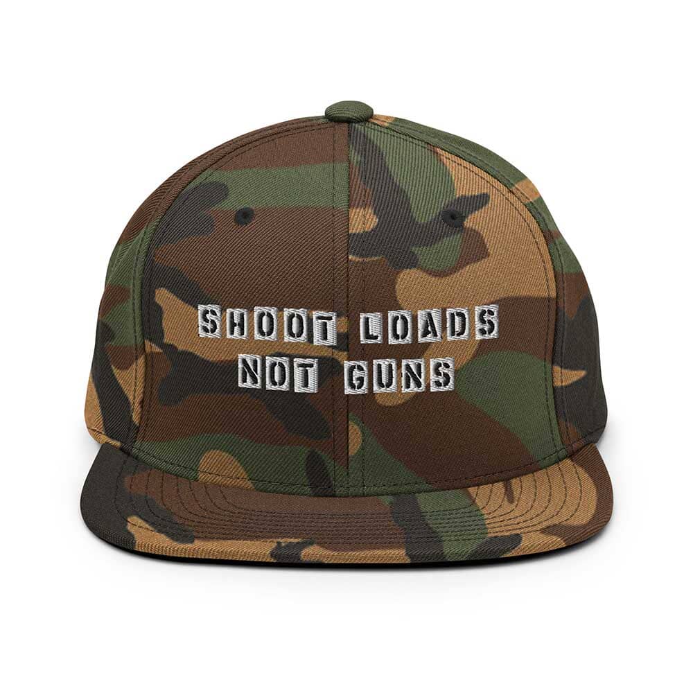 Camouflage cap with 'Shoot Loads Not Guns' text on a white background