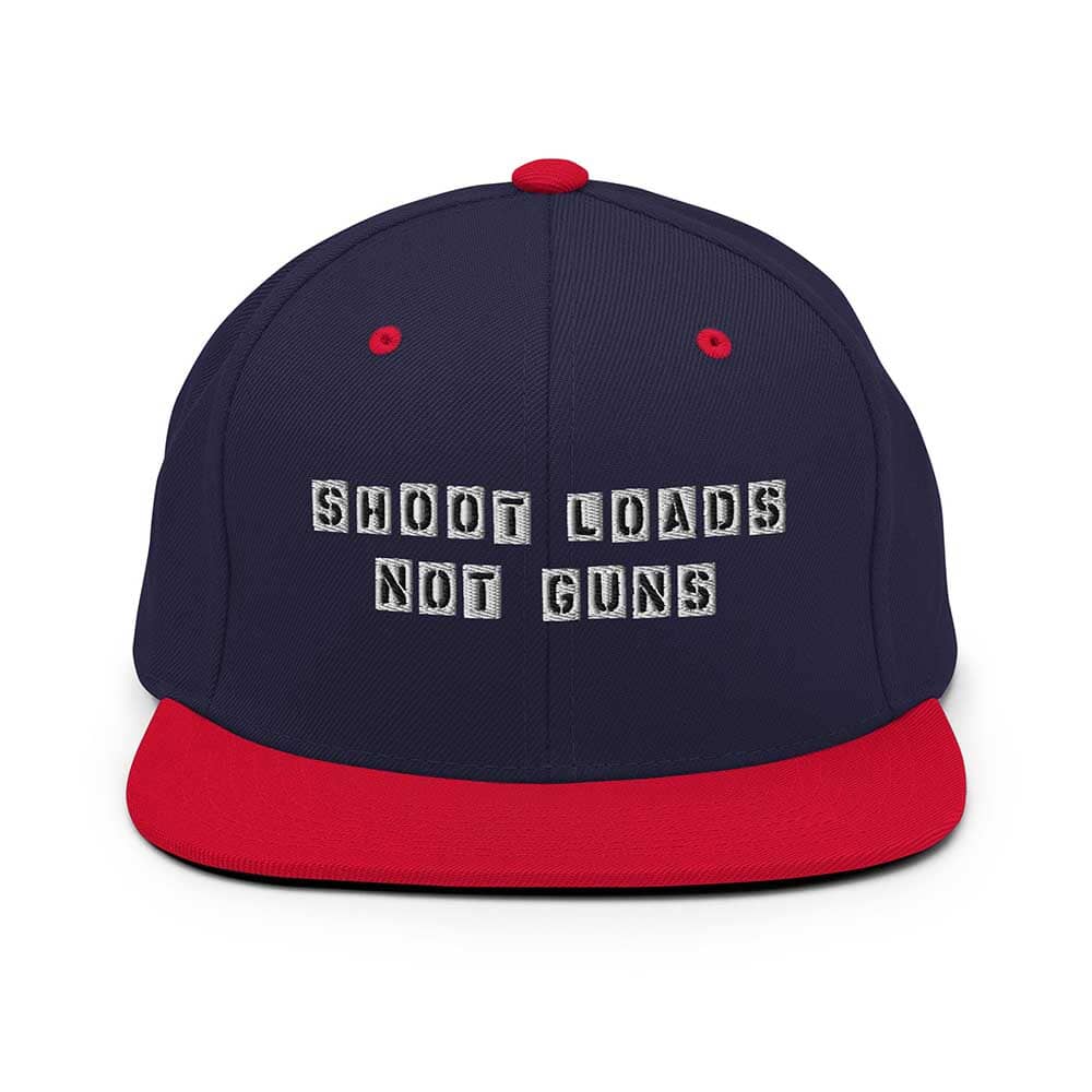 Navy and red cap with text 'SHOOT LOADS NOT GUNS' on a white background
