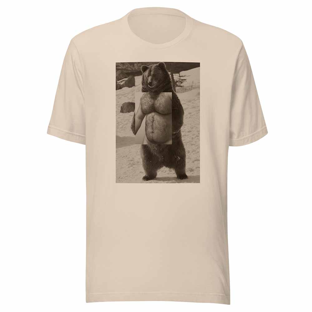 Beige t-shirt with a graphic of a bear on a white background