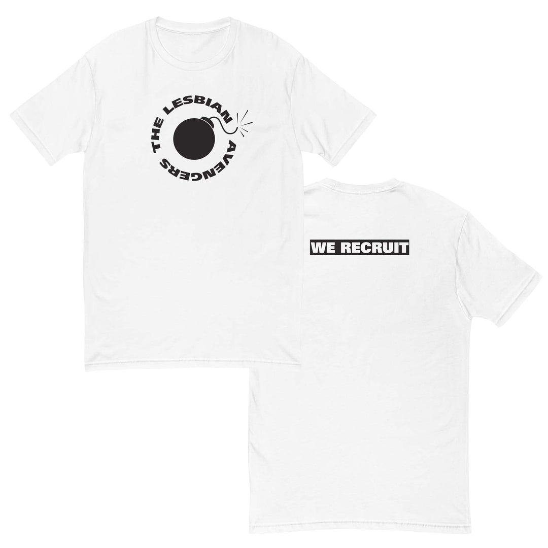 white t-shirt with black The Lesbian  Avengers and bomb graphic on front and  WE RECRUIT on the back on a white background