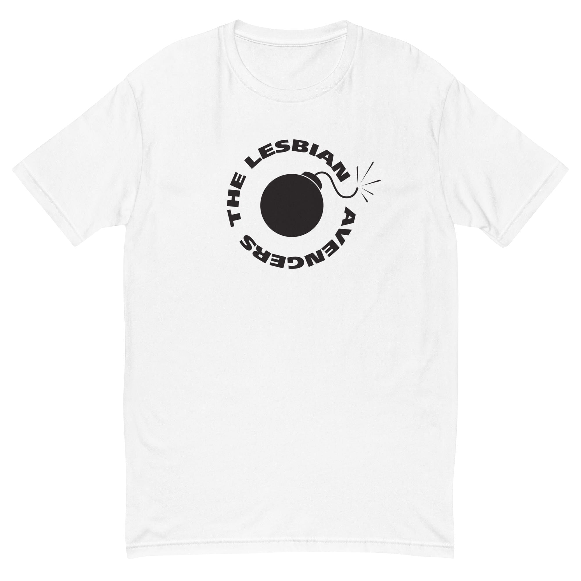 white t-shirt with black The Lesbian  Avengers and bomb graphic on a white background