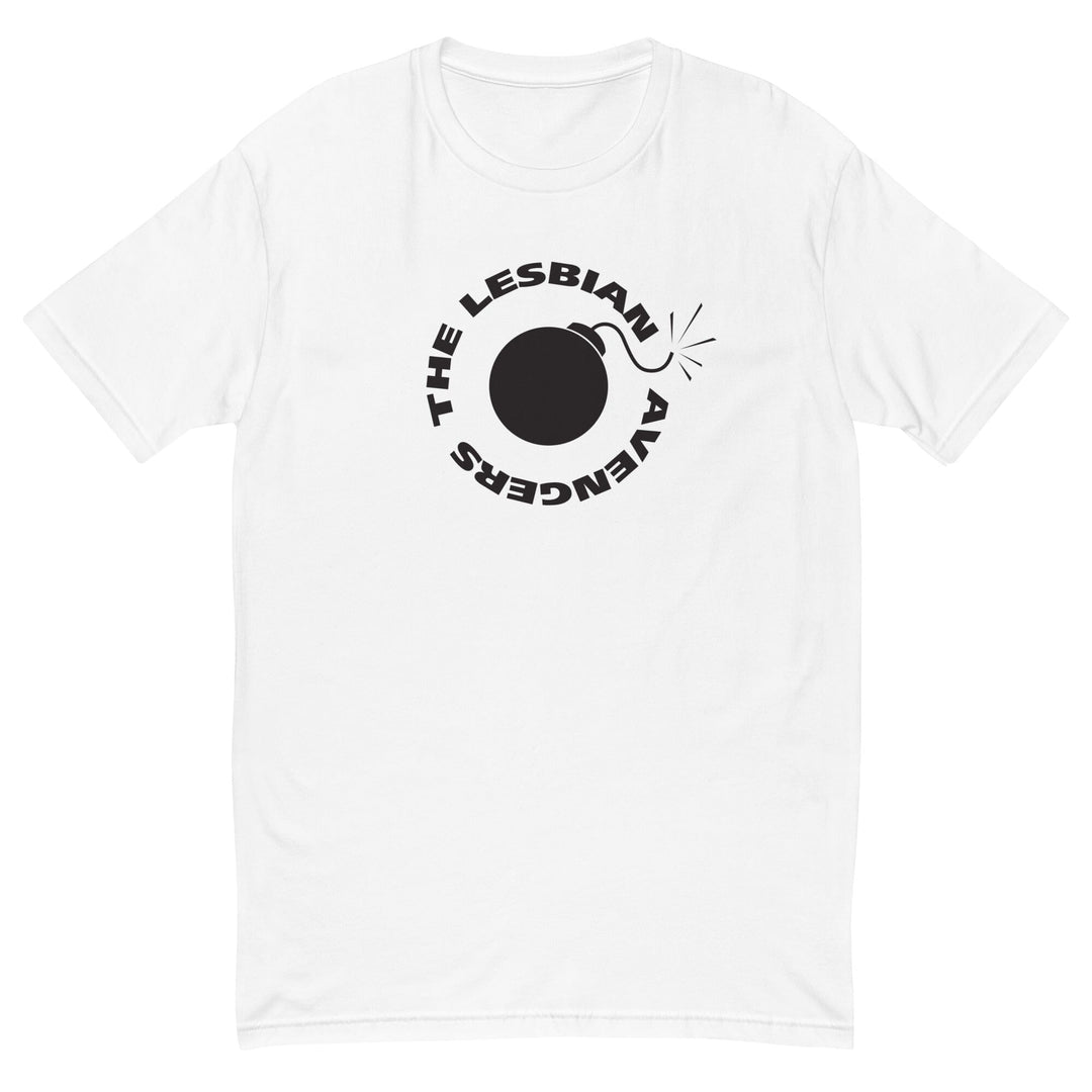white t-shirt with black The Lesbian  Avengers and bomb graphic on a white background