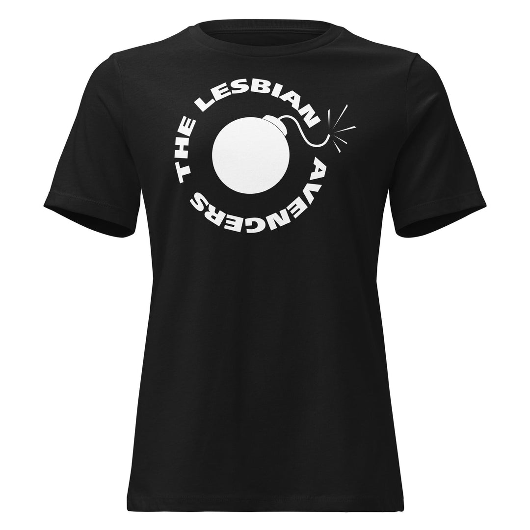 Black  t-shirt with white The Lesbian  Avengers and bomb graphic and text on a white background