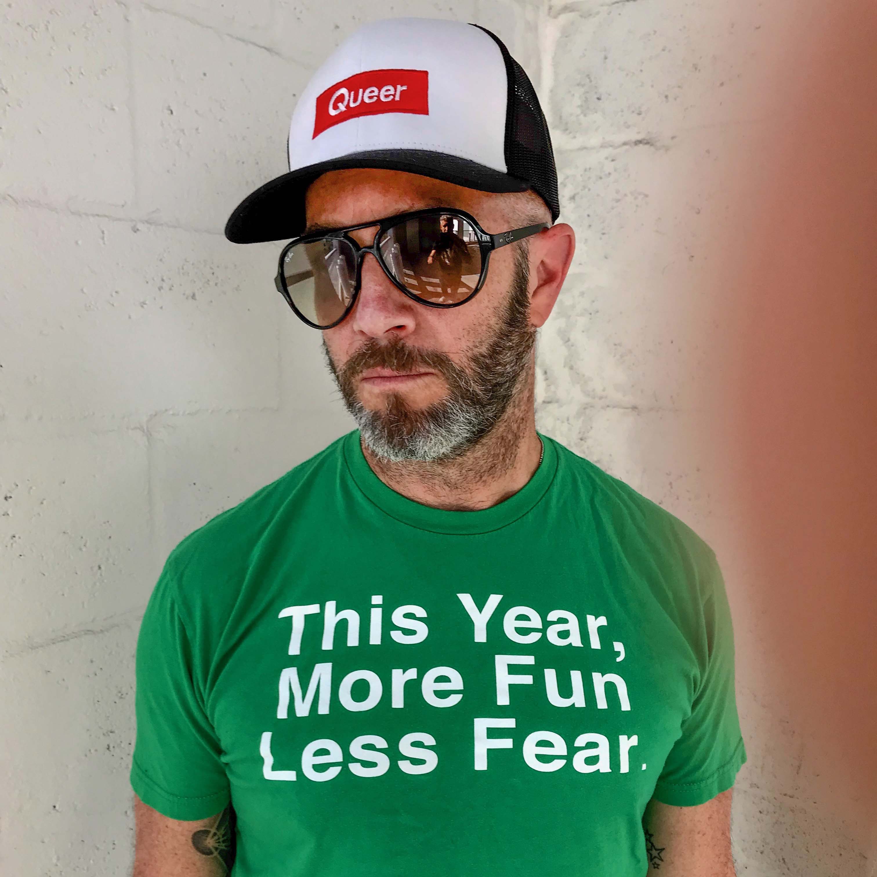 green this year more fun less fear tee and queer trucker mesh snapback